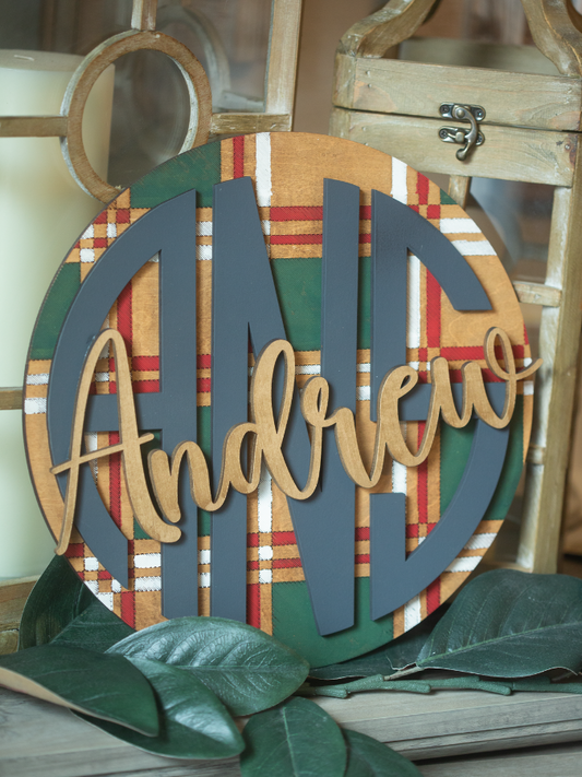 Initial Plaid Wood Sign