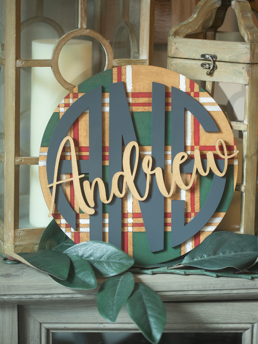 Initial Plaid Wood Sign