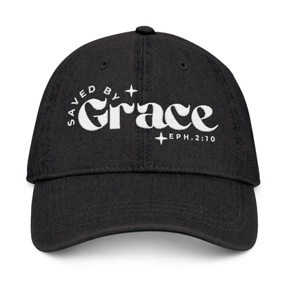 Saved by Grace Embroidered Denim Hat - Stylish Black Cap for Faith & Everyday Wear