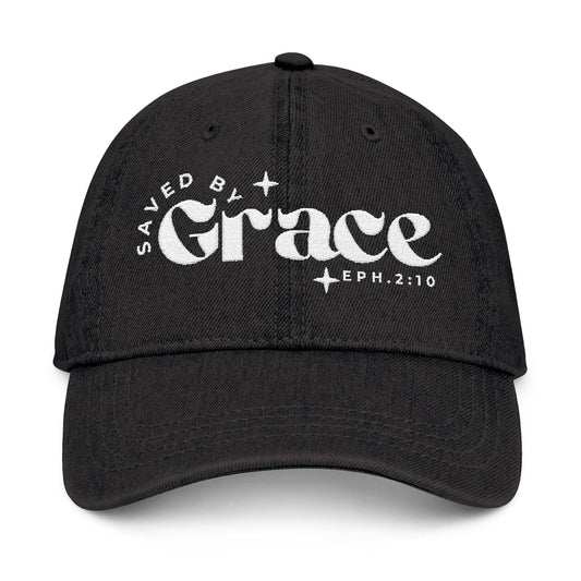 Saved by Grace Embroidered Denim Hat - Stylish Black Cap for Faith & Everyday Wear