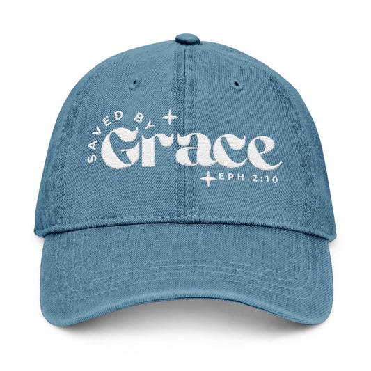 Saved by Grace Embroidered Denim Hat - Stylish Black Cap for Faith & Everyday Wear