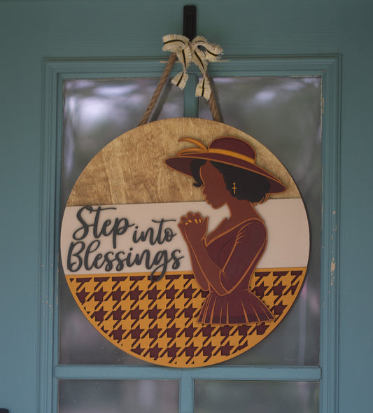 Step Into Blessings Door Sign – Praying Woman Design