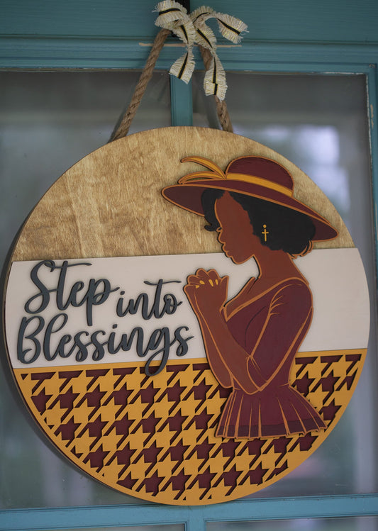Step Into Blessings Door Sign – Praying Woman Design