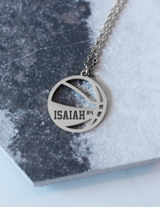 Personalized Basketball Necklace – Engraved Stainless Steel in Gold or Silver