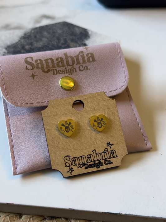 LAX Heart Engraved Stud Earrings – Helmet & Crossed Sticks Design
